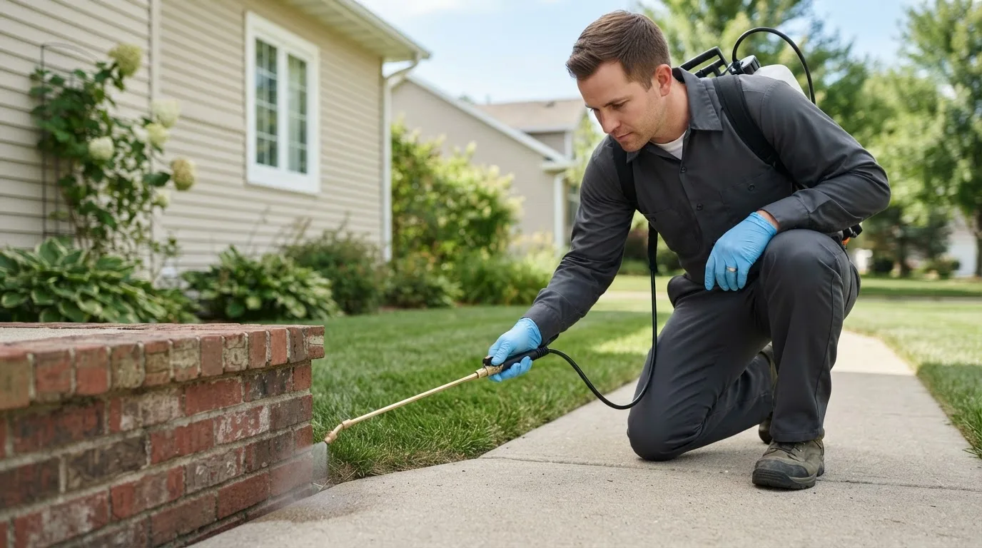 Pest control technician treating a home near Lancaster, MN