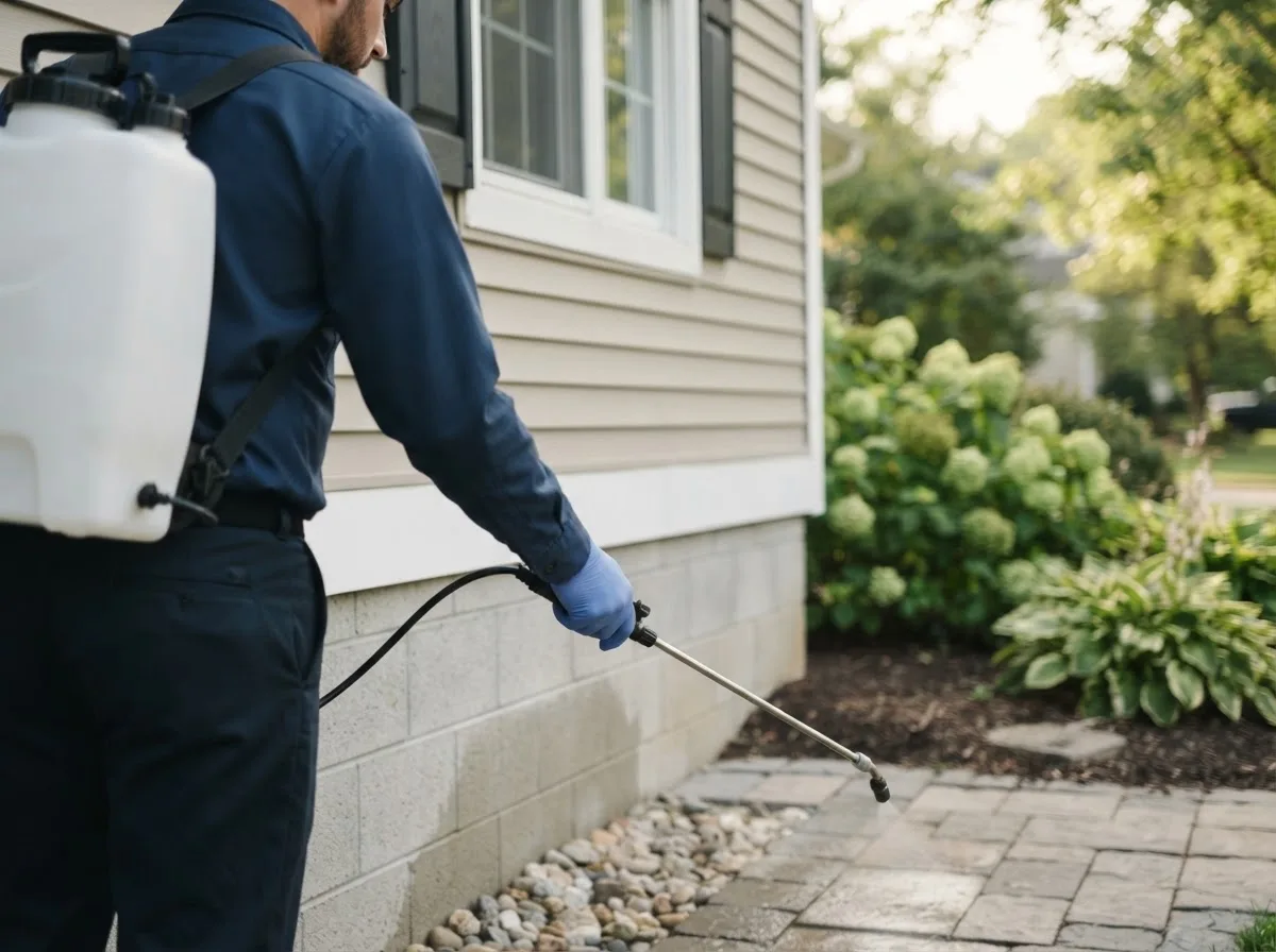 Pest control technician inspecting a home in Lancaster, MN
